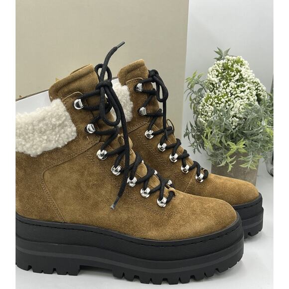 Marc Fisher Womens Pierson Lug Sole Combat Boot Leather/ Shearling Fur 6.5M New - Picture 1 of 16